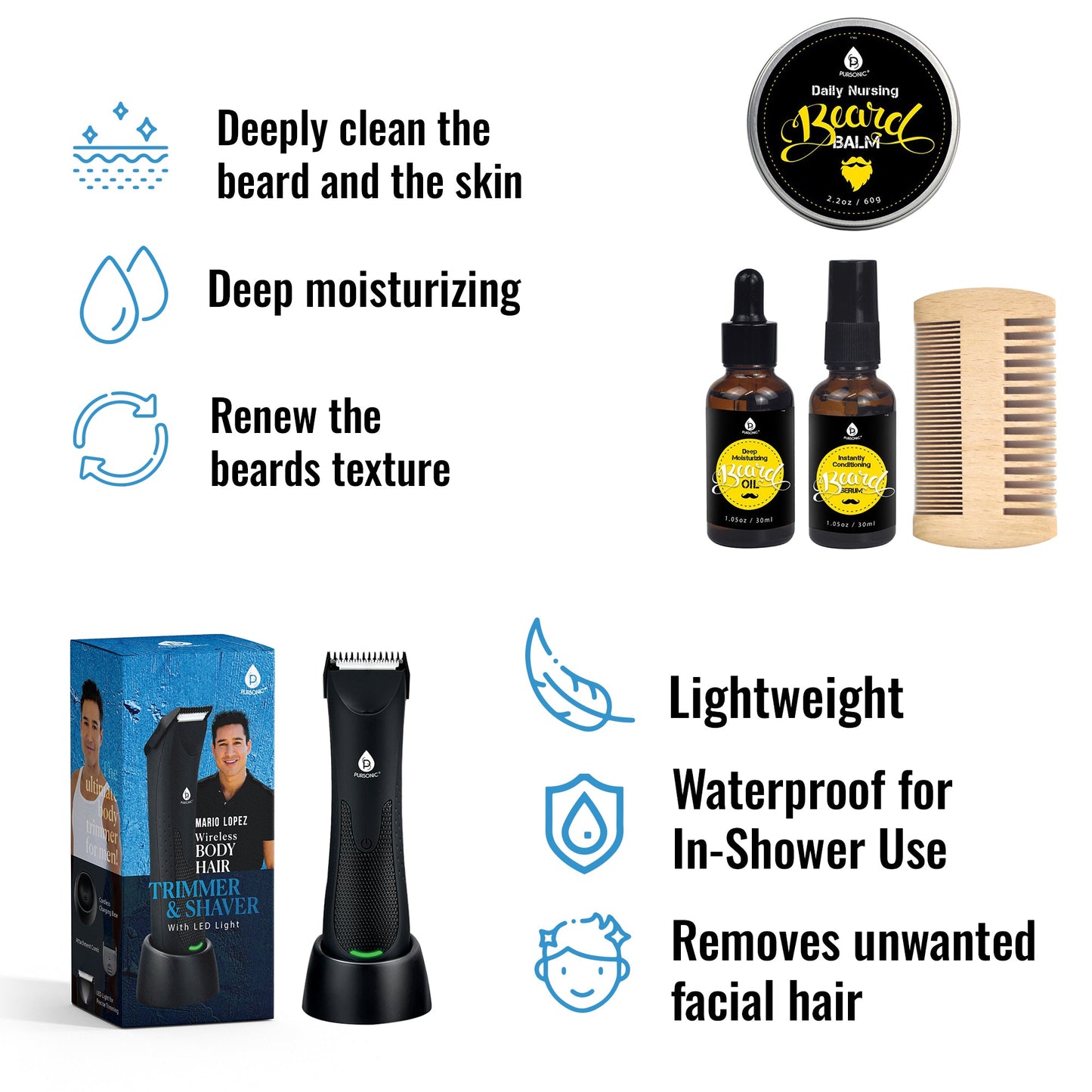Mario Lopez Wireless Body Hair Trimmer & Shaver and Beard Care